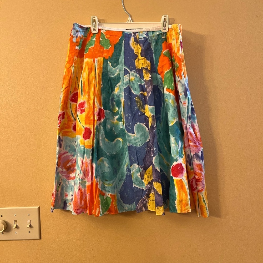 Ralph Lauren Aqua Red Orange Cotton Lined Pleated A-Line Skirt Size 10